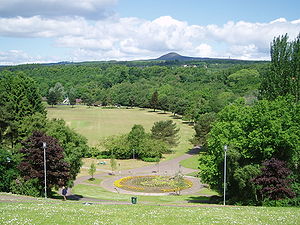 A view across the park valley with grass playing fields, a floral display and woodland