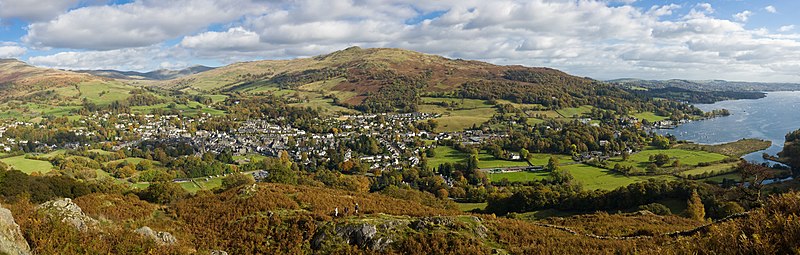 Ambleside (centre-left) and the nearby village of Waterhead (right) as viewed looking East from Loughrigg Fell